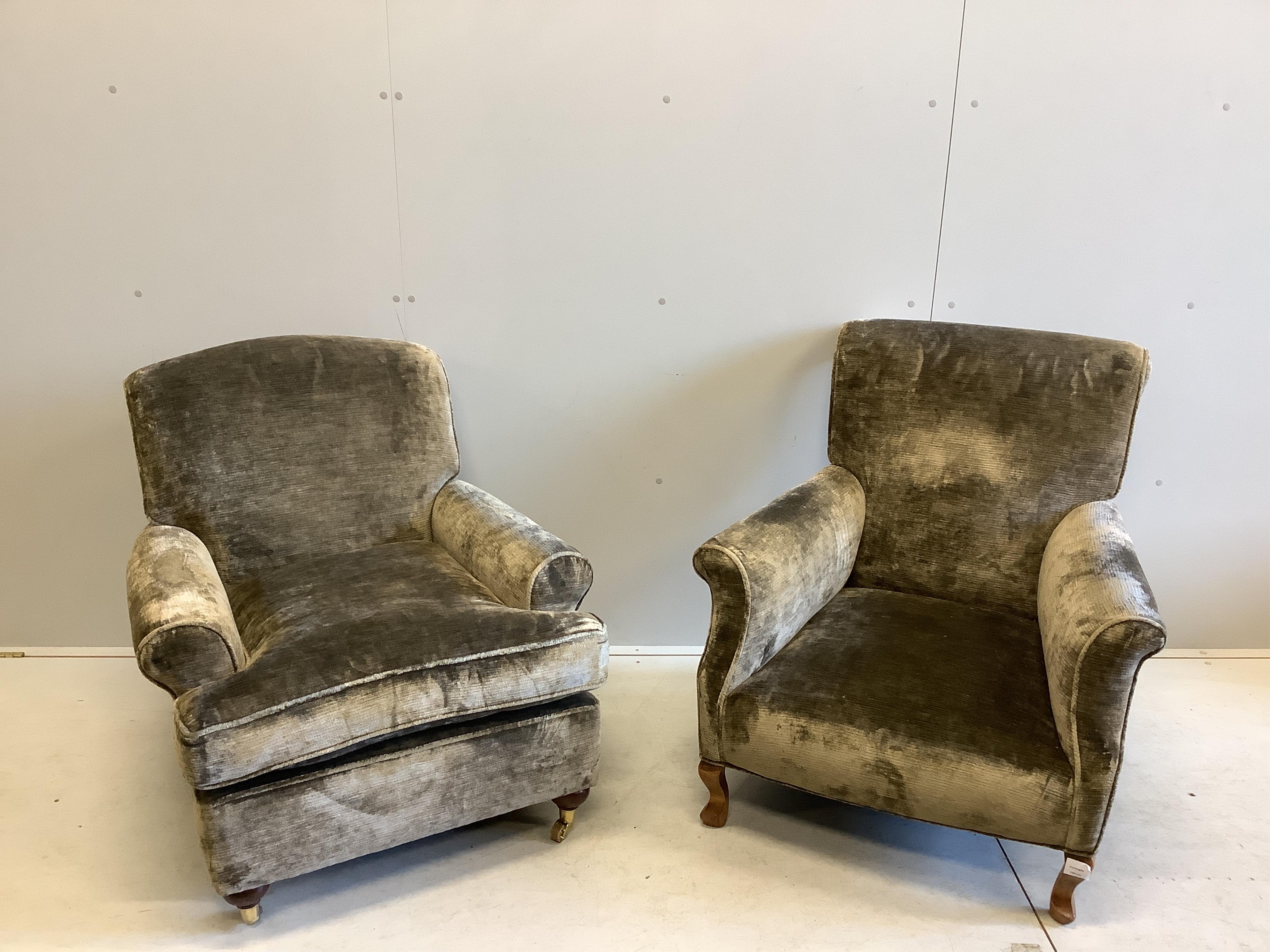 Two 20th century green velvet upholstered armchairs, larger width 78cm, depth 80cm, height 80cm. Condition - good